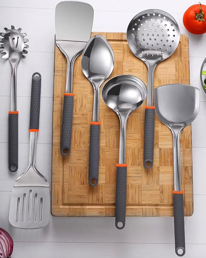 7-Piece Kitchen Utensil Set for Non-Stick Cookware - Stainless Steel with Silicone, Heat Resistant, Easy Grip, Gray & Orange