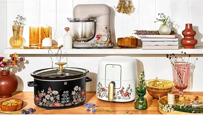 Beautiful 6 Qt Programmable Slow Cooker by Drew Barrymore - 5 Preset Cooking Functions, Digital Countdown Timer, Dishwasher-Safe Parts, and Cool-Touch Handles (Wildflower Black Sesame)