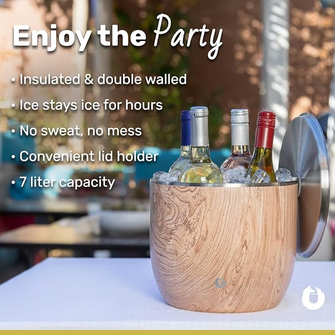 SNOWFOX XL Premium Vacuum Insulated Double Wall Stainless Steel Ice Bucket with Lid/Scoop, Bar Accessories, Large Elegant Party Bucket, Chill Several Bottles, Beautiful Entertaining, 7L, Shimmer Gold