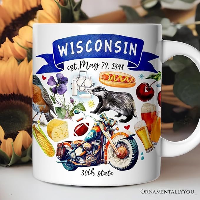 OrnamentallyYou State Travel Landmark Mugs – 12 oz Ceramic Coffee Cups, U.S. Souvenir Gift for Tourists (Artistic Wisconsin State Themes and Landmarks Mug)