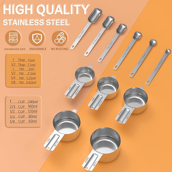 Stainless Steel Measuring Cups & Spoons Set for Cooking and Baking, Nesting Measuring Cups Measuring Spoons for Measuring Dry or Liquid Ingredients, Kitchen Gadgets, 11Pack