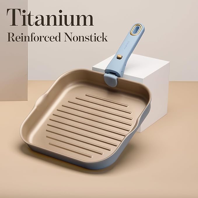 CAROTE 10 Inch Titanium Reinforced Nonstick Grill Pans for Steak, Non-Stick Grill Pans Sets with Detachable Handle, PFOS, PFOA Free, Gas & Induction Safe, All Stovetops Compatible, Blue