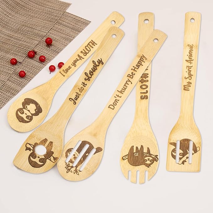 5PCS Sloth Wooden Cooking Spoons,Sloth Gifts for Women,Sloth Kitchen Decor,Sloth Stuff,Sloth Kitchen Gadgets,Sloth Themed Gifts for Housewarming Wedding Kitchen Gift