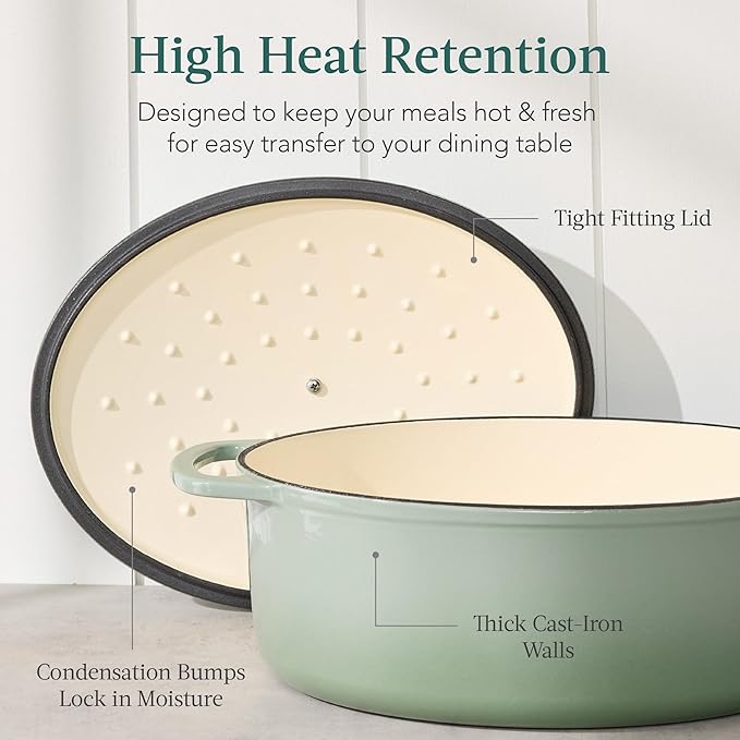 Best Choice Products Oval 7.5 Quart Enamel Cast-Iron Dutch Oven, Heavy-Duty Pre-Seasoned for Baking, Cooking w/Side Handles – Sage Green