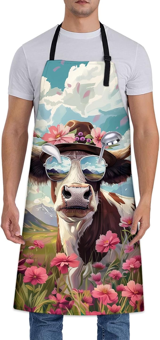 Stylish Cow Apron, Adjustable Kitchen Cute Cows and Pink Flowers Aprons with Pockets for Cooking BBQ Gardening, 28×33 IN, Holiday Gifts for Women Mom Wife, for Chef Baking, Oxford Fabric