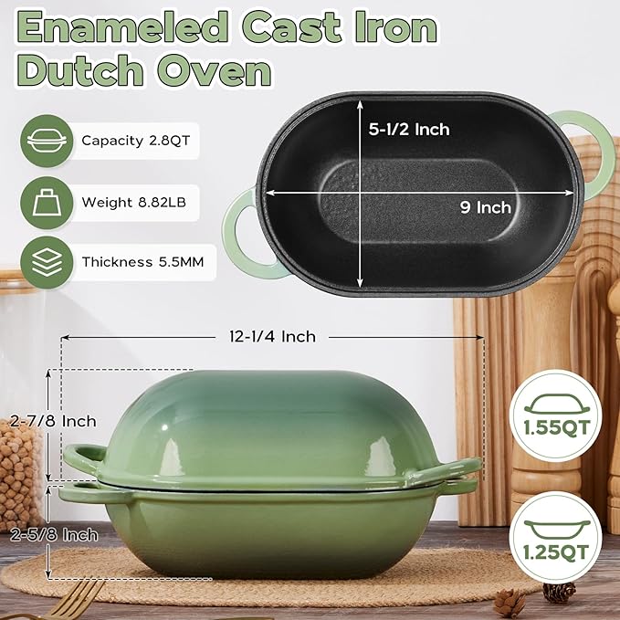 Onader Enameled Cast Iron Dutch Oven, 2.8QT Dutch Oven Pot with Lid for Sourdough Bread Baking, Oval Meatloaf Pan, Heavy Duty - Pistachio Green