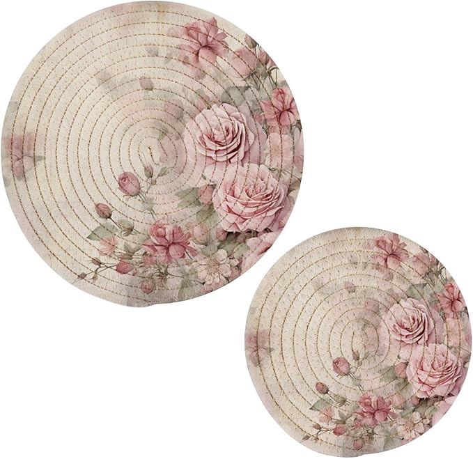 Vintage Pink Roses Kitchen Trivets Pot Holders Set of 2, Trivets for Hot Pots Dishes Woven Trivet Coaster Pad Mat for Counter