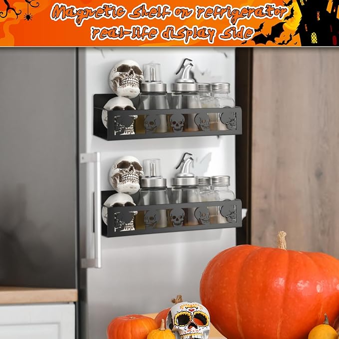 2 Pack Skull Head Magnetic Spice Rack for Refrigerator Metal Magnet Basket Shelf for Fridge Seasoning Storage Organizers Home Decor Kitchen Accessories (Black)