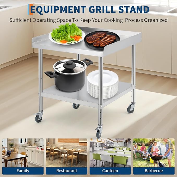 24x24x30 in Stainless Steel Equipment Grill Stand Table NSF Certified with 5 in Wheels, 400 LBS Capacity, 2 in Edge Baffle, for Hotel, Home, Commercial Restaurant Kitchen