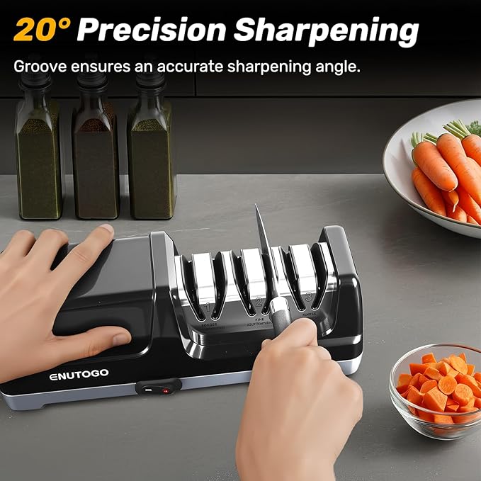 Knife Sharpener, 3-Stage Electric Knife Sharpener for Kitchen Knives, 100% Diamond Abrasive with Quick Sharpening & Polishing, Professional Sharpening Tool with Metal Dust Collection Box