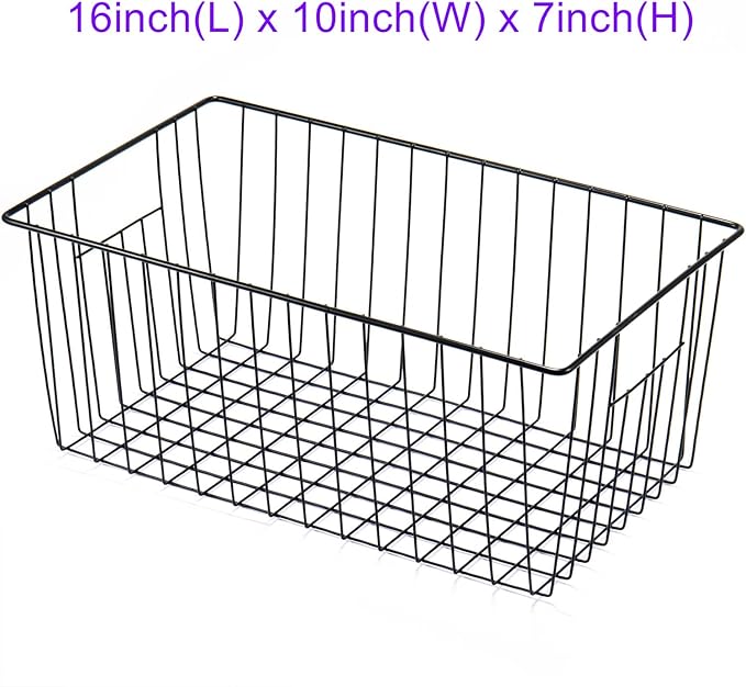 16inch Freezer Wire Storage Organizer Baskets, Household Refrigerator Bins with Built-in Handles, Black, 6PACK