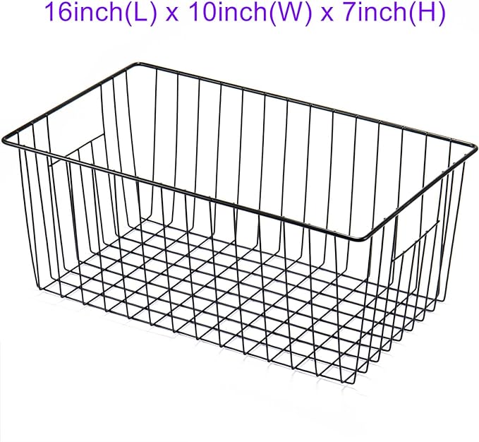 16inch Freezer Wire Storage Organizer Baskets, Household Refrigerator Bins with Built-in Handles for Cabinet, Pantry, Closet, Bedroom