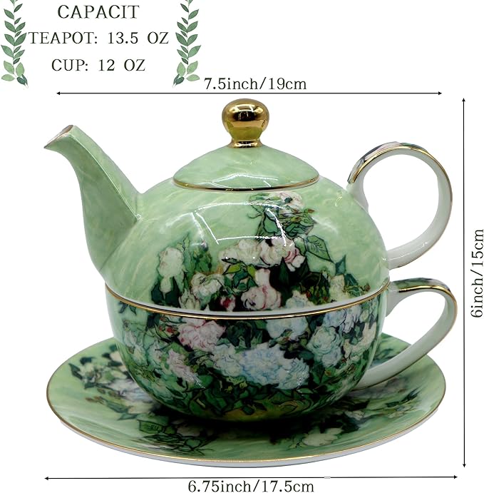Porcelain 13 OZ Tea for One Teapot and Cup Set Vintage Floral Ceramic Tea Set European Style Tea pot and Saucer Set (White Roses)