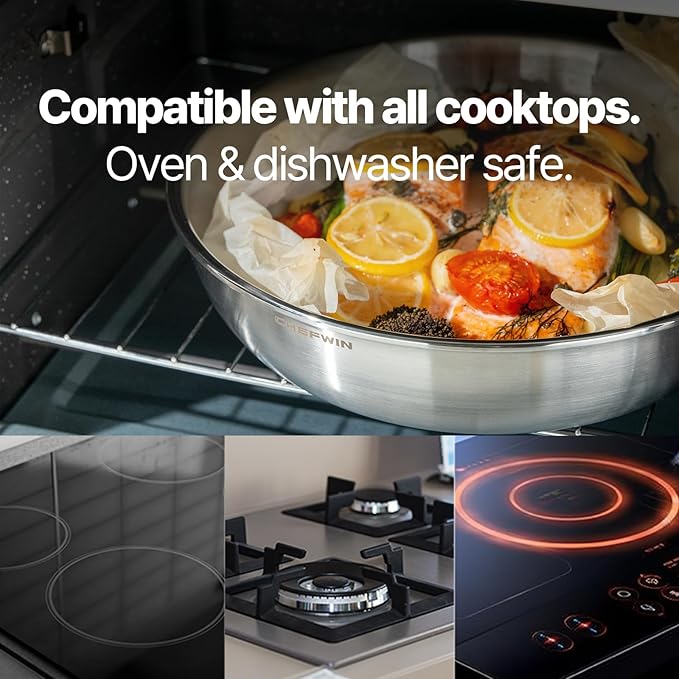 10.2-Inch 316 Stainless Steel Frying Pan, 5-Ply Saute pan, Deep Skillet, Induction Cookware, Dishwasher Safe & Oven Safe, Professional Cookware