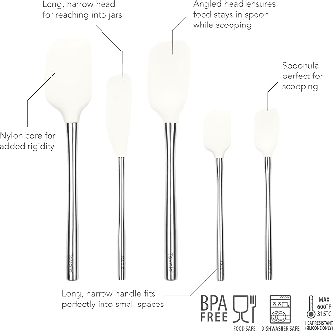 Tovolo 5-Piece Spatula Stainless Steel & Silicone Utensil Set (White): Jar Scraper, and Mini Spoonula