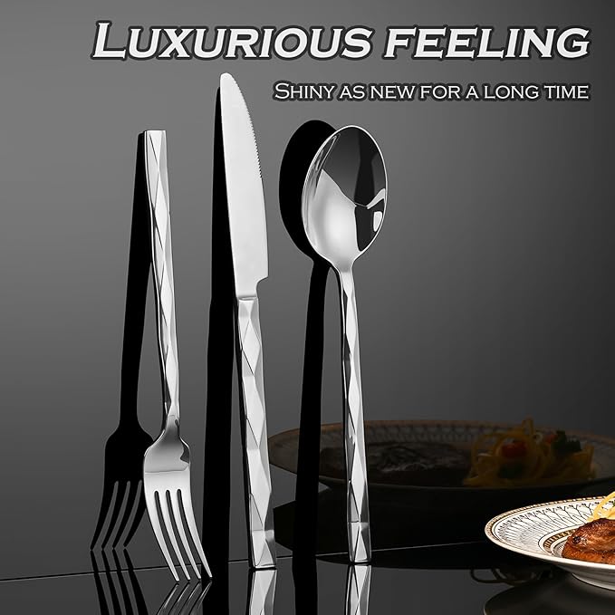 Silverware Set, Luxury 20-Piece Flatware Set for 4, Cutlery Set Stainless Steel, Diamond Cut Pattern, Home, Wedding & Party, 18/10 Stainless Steel Tablewaret & Dishwasher Safe Utensils.