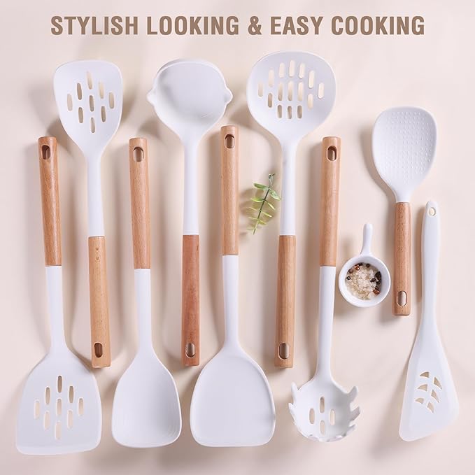 Kitchen Cooking Utensils Set, Silicone Cooking Utensils for Wooden Handles, 9 PCS Cooking Utensils with Spoon Spatula &Turner Made of Heat Resistant Food Grade Silicone for Nonstick Cookware