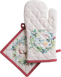 Maison d' Hermine 100% Cotton Oven Mitt & Pot Holder Set (7.5"x13" & 8"x8") Heat Resistant BBQ Cooking Gloves with Loop for Thanksgiving Christmas Decorations Handling Hot Pans (Holly Time)