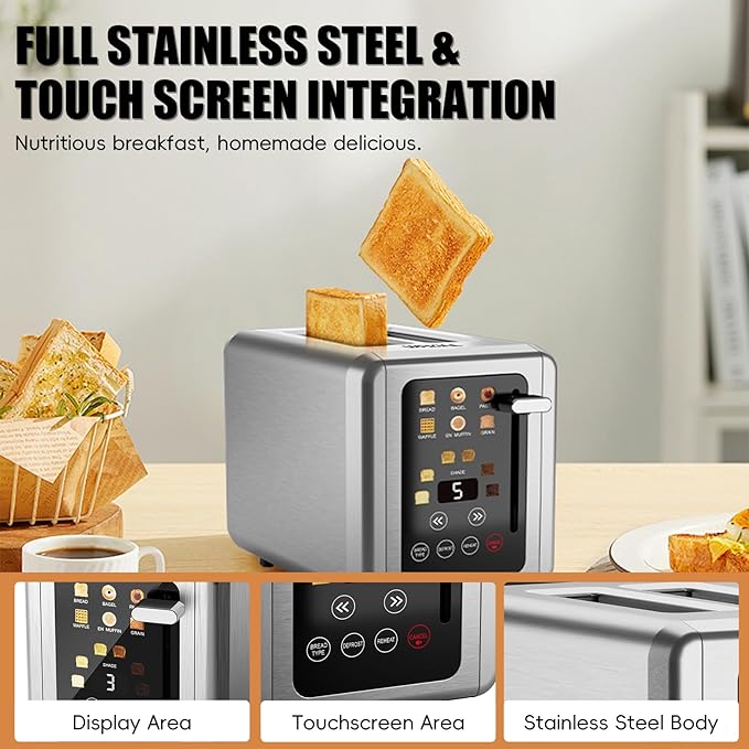 WHALL Touch Screen Toaster 2 Slice, Stainless Steel Digital Timer Toasters with Sound Function, Smart Extra Wide Slots Toaster with Bagel, Cancel, Defrost (silver)