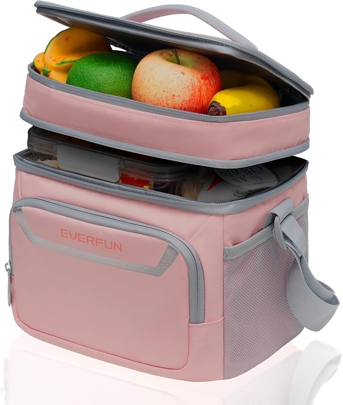 Everfun Womens Lunch Box Two Compartments Insulated Lunch Tote Bag Large Leakproof Soft Cooler for Work Picnic Travel (Light pink)