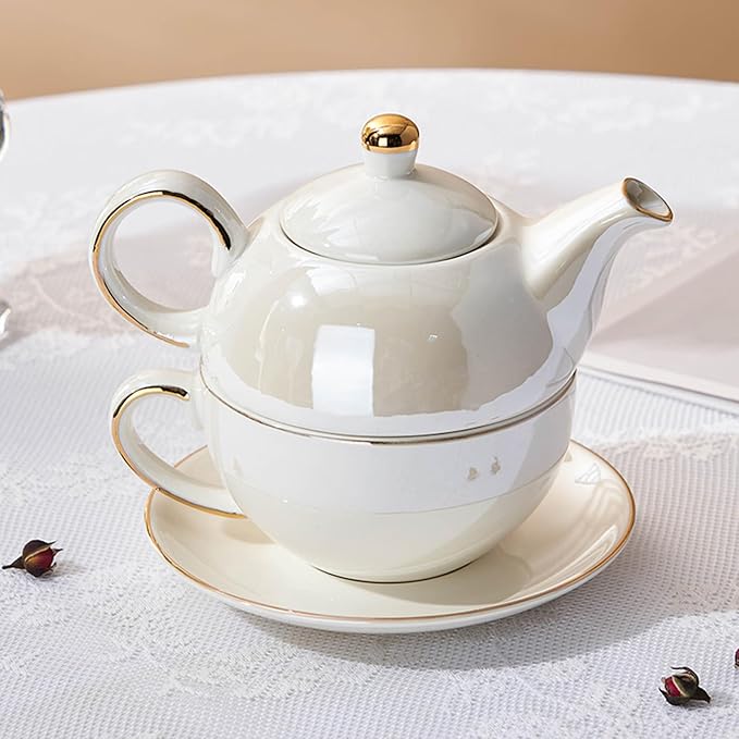 Tea for One Porcelain Teapot and Cup Set, Tea Set for One, Floral Teapot, Tea Set Gift for Women, Pearlescent white
