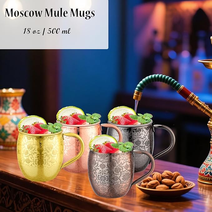 Moscow Mule Mugs - 18 Oz Copper-Plated Fine Craftsmanship Etched Mugs,304 Stainless Steel-Lined Mule Cups,For Cold Drinks, Beer, Wine, Bars, Parties
