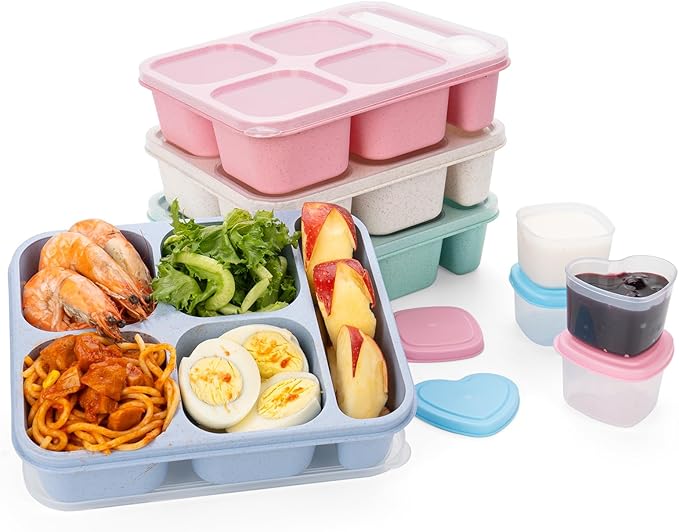Bento Box Adult Lunch Box 5 Compartment Snack Containers for Kids, Stackable Lunch Containers Food Storage Box- Reusable Snack Container Box for School, Work, Travel, BPA-Free (4 Pack)