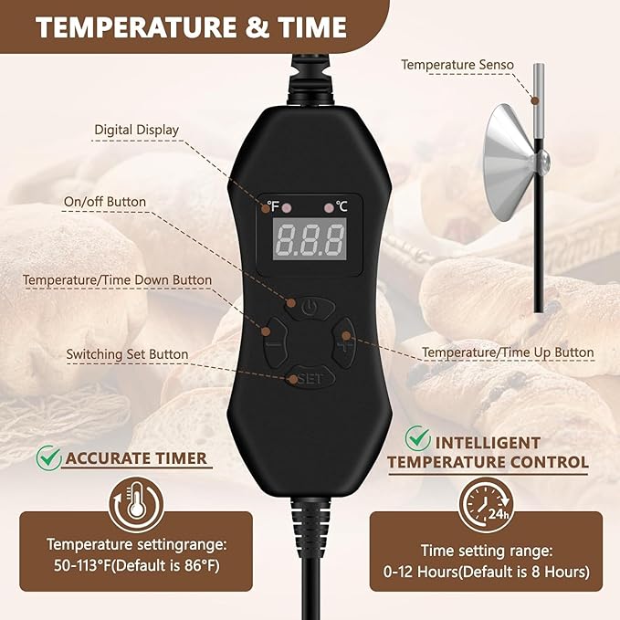 Folding Dough Proofer Box for Bread Proofing Box Dough Proofer Sourdough Bread with 50-113℉ Temperature and 12H Timer Controller