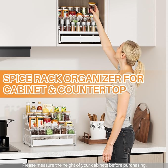 Spice Rack Organizer with Drawer: 5 Tier Spice Organization for Cabinet, Depth Adjustable Metal Shelf for Kitchen Countertop, Cupboard, Pantry, Holds Seasoning and Condiments (White)