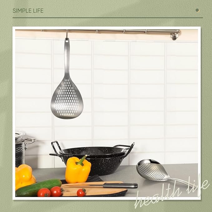 Bokon 2 Pieces Spider Strainer Skimmer Slotted Spoon Stainless Steel Skimmer Ladle Rustproof Frying Spoon Strainer Colander with Hanging Holes for Kitchen Cooking Draining and Frying