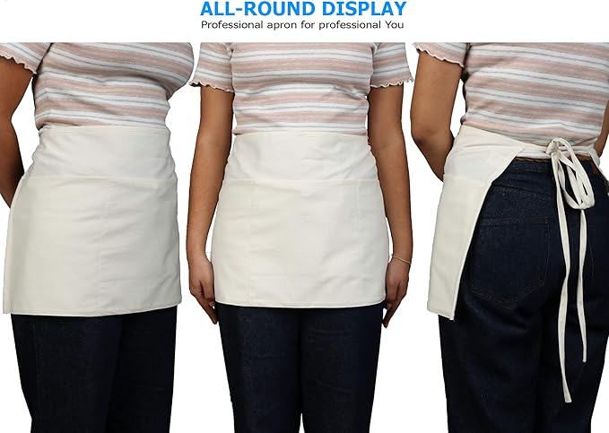 RAJRANG Pure Cotton Waitress Apron Half Server Waist Short Aprons with 3 Pockets