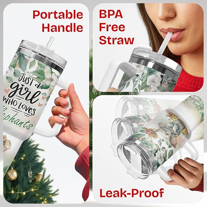 34HD Gifts for Women, Stainless Steel Tumbler with Lid, Coffee Travel Mug, Double-Wall Vacuum Insulated Tumbler, Leak Proof Drinking Cup, 40 Oz, Baby Elephant