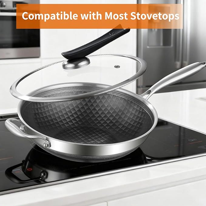 DELARLO Tri-Ply Stainless Steel 12 inch Nonstick wok Pan With Lid,induction Cookware Woks & Stir-Fry Pans,Dishwasher and Oven Safe Up To 650°F