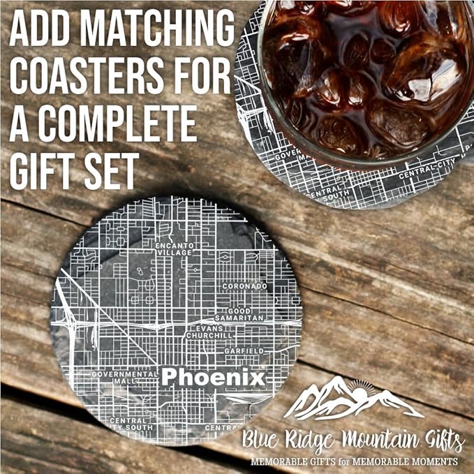 Blue Ridge Mountain Gifts - Phoenix Souvenir - Arizona Glassware Gift, Etched City Map, Laser Engraved and Dishwasher Safe