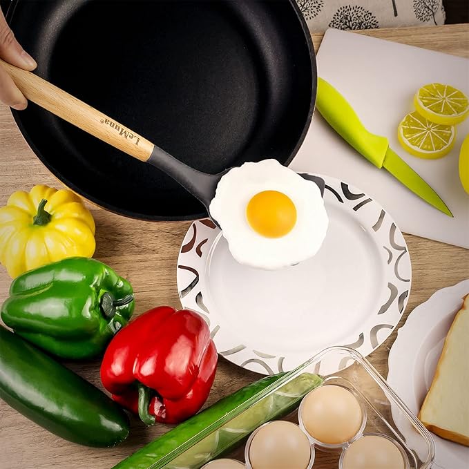 LeMuna Silicone Cooking Utensils Set, Kitchen Utensils for Cooking with Holder, Wooden Handle Silicone Utensils Spatula Set, Heat Resistant, BPA Free, Non Toxic Kitchen Gadgets, Gray
