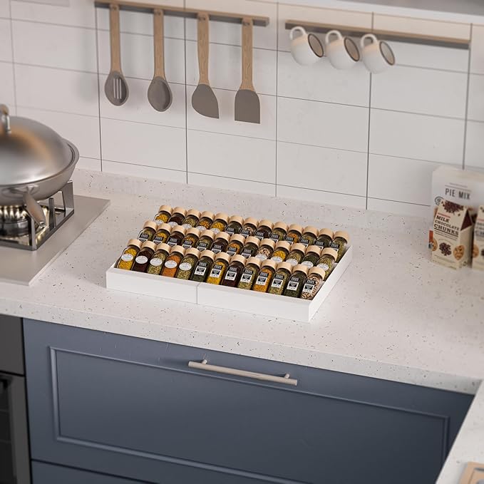 Expandable Metal Spice Drawer Organizer,3-Tier Slanted Seasoning Jars Tray for Kitchen Cabinet Drawers Insert/Countertop (Jars not included)-3Tier,2packs/White