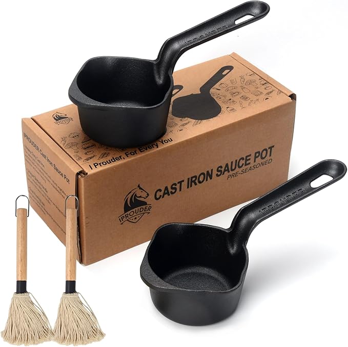 Cast Iron Sauce Pan and Basting Pot with BBQ Mop Brushes - Cast Iron Small Sauce Pots 2 Pcs for Grilling, Melting, Camping Cooking & Stoves - Mini Pot for Butter Melter