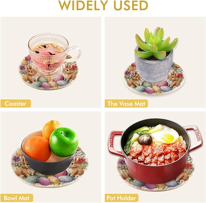 Watercolor Easter Wreath Bunnies Kitchen Trivets Pot Holders Set of 2, Trivets for Hot Pots Dishes Woven Trivet Coaster Pad Mat for Counter