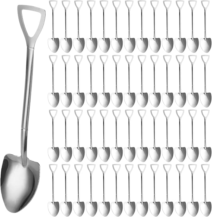 QTLCOHD 100 Pcs Shovel Spoons - 6 Inch Metal Mini Shovel Shaped Spoon Bulk for Desserts, Cupcake, Tea, Appetizer, Halloween Party, Silver