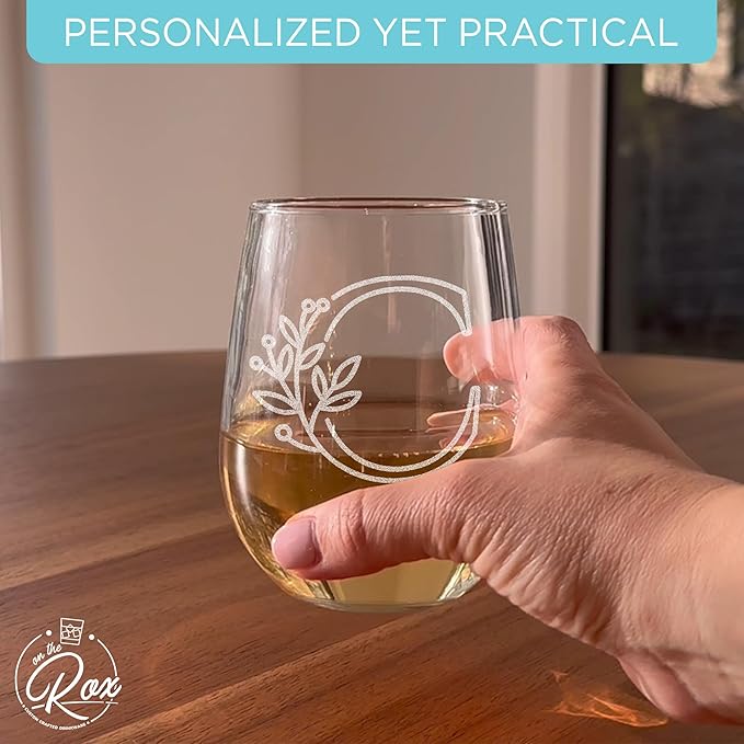 On The Rox Drinks Monogrammed Gifts For Women and Men - Letter A-Z Initial Engraved Monogram Stemless Wine Glass - 17 Oz Personalized Wine Gifts For Women and Men (C)