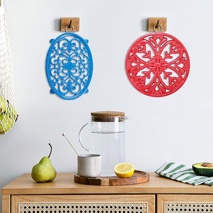 JOGREFUL Cast Iron Trivet Mats, Kitchen Pot Holders to Portect Table/Countertops, Heat Resistant Mats for Teapot/Hot Dishers/Plates, Vintage Mats with Weighted-Base, Blue