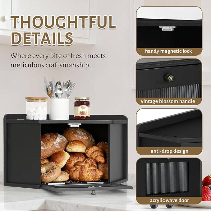 Corner Bread Box for Kitchen Countertop, Wooden Bread Storage for Homemade Bread, Rustic Breadbox with Acrylic Wavy Door, Bread Container for Kitchen Counter Cabinet, Pantry, Cupboard
