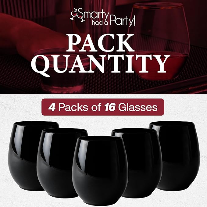 Smarty Had A Party 64 Black Disposable Stemless Wine Glasses 12 oz – Stemless Wine Glass Plastic and Cocktail Glasses Disposable Classy, Plastic Punch Cups for Parties, Weddings and Events