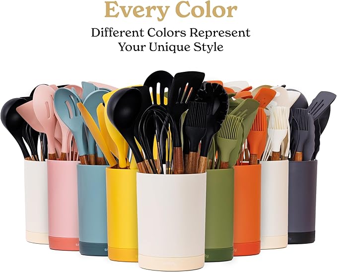 Silicone Kitchen Utensils Set & Holder: Cooking Utensils Set - Kitchen Essentials for New Home & 1st Apartment- Silicone Spatula Set, Cooking Spoons for Nonstick Cookware (Acacia Wood, Green)