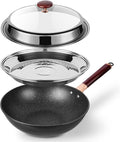 12.5-Inch Carbon Steel Wok Pan with Lid: Woks & Stir-Fry Pans Nonstick with Steamer for Cooking Pan Set, Large Deep Chinese Frying Saute Pan Wok Skillet, Induction Compatible, Stay-Cool Handle, Gifts