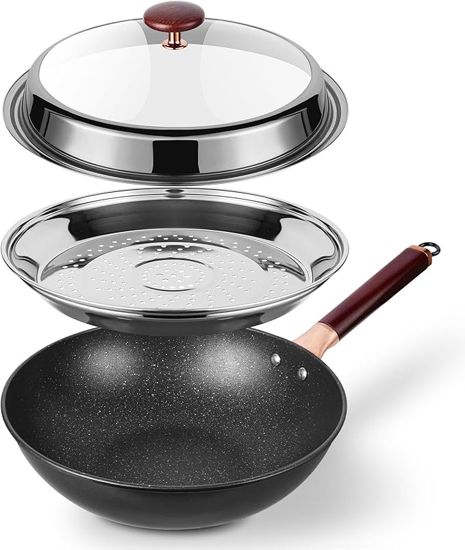 12.5-Inch Carbon Steel Wok Pan with Lid: Woks & Stir-Fry Pans Nonstick with Steamer for Cooking Pan Set, Large Deep Chinese Frying Saute Pan Wok Skillet, Induction Compatible, Stay-Cool Handle, Gifts