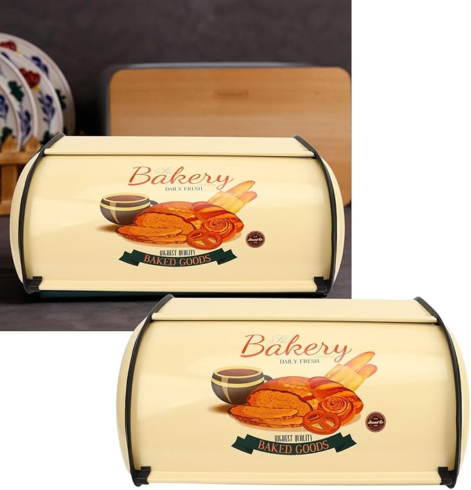 Topyond Vintage Bread Box, Metal Bread Box for Kitchen Countertop, Rustic Bread Holder with Roll Top Lid, Farmhouse Bread Storage Bin, Stainless Steel Breadbox for Homemade Bread