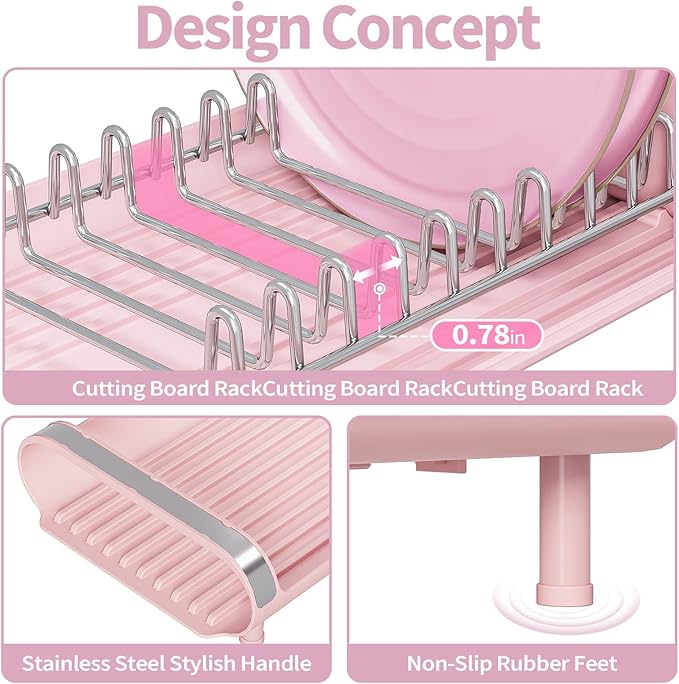 TOOLF Small Dish Drying Rack, Mini Expandable Compact Dish Rack, Slim Extendable Stainless Steel Dish Drainer for Kitchen Plate Storage, Space Saving Dish Strainer in Sink or on Home Countertop, Pink