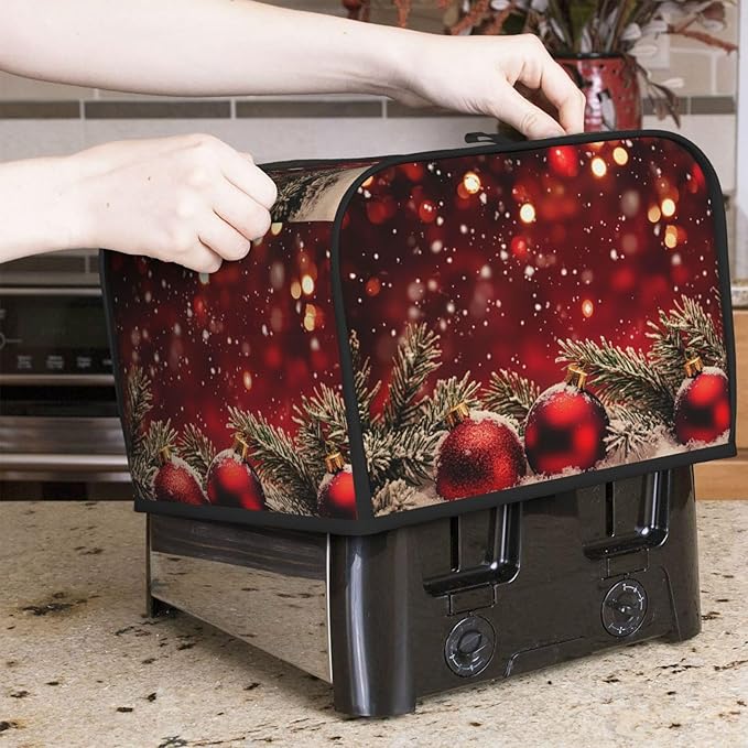 Toaster Cover 4 Slice Red Christmas Ball Glitter Kitchen Small Appliance Covers with Pockets Dust and Fingerprint Protection
