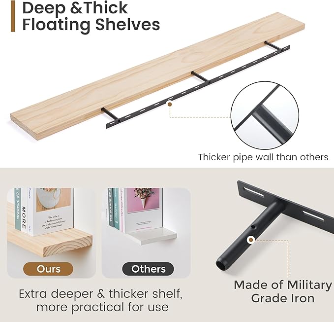 Fun Memories Floating Shelves 72 Inches Long - 8 Inch Deep Rustic Solid Pine Wood for Storage - Farmhouse Wall Mounted for Living Room - Heavy-Duty Metal Bracket - 72" W x 8" D - Natural Unfinished